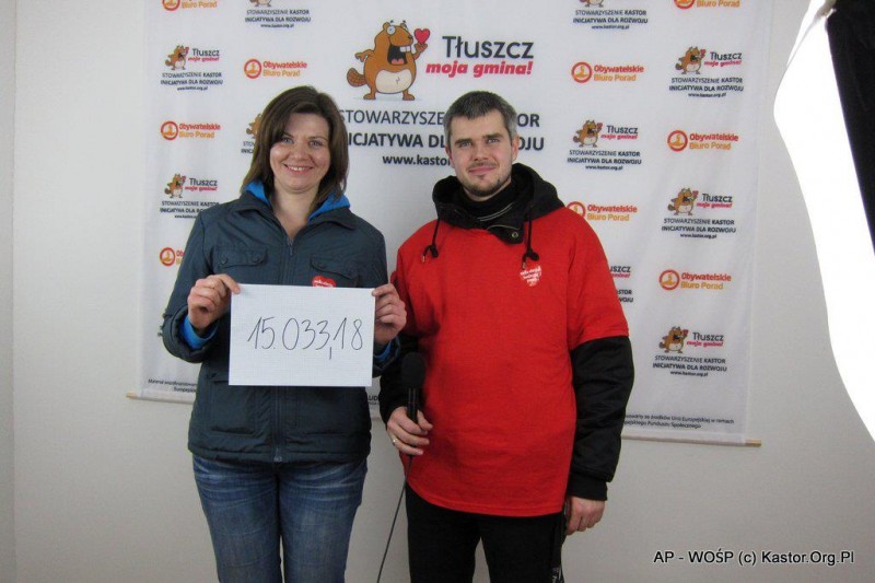 Szefowa Sztabu WOŚP Tłuszcz - Agnieszka Zaremba i Maciej Puławski, wiceprezes Stowarzyszenia "Kastor"